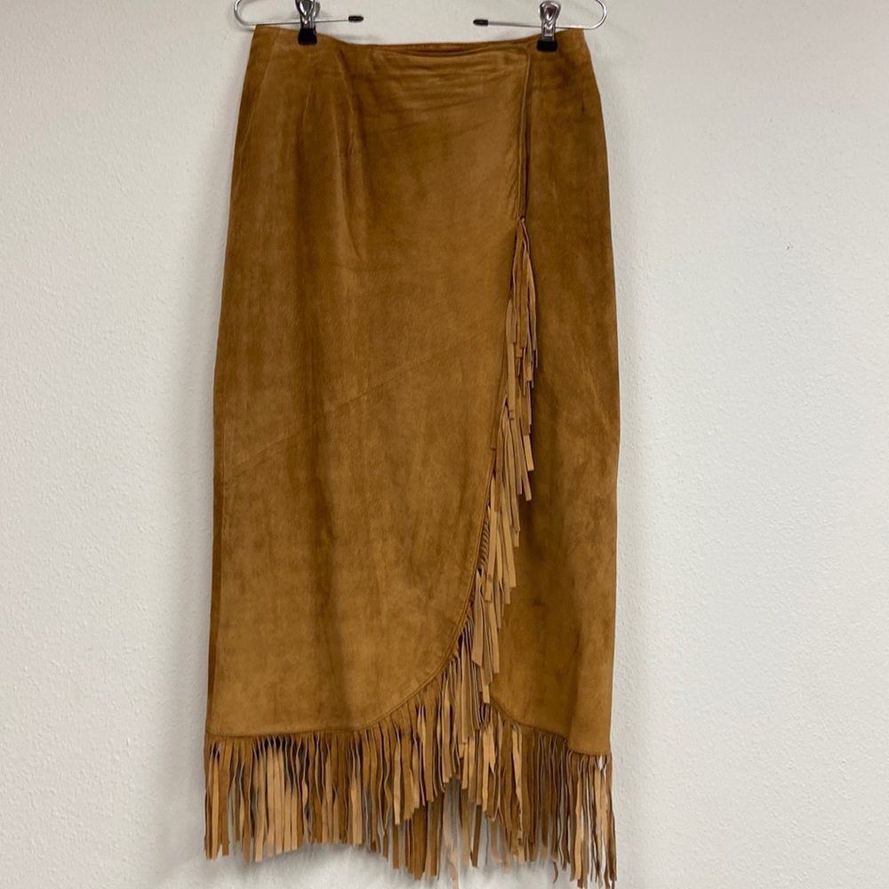Rare Vintage Suede Fringe Wrap Midi Skirt
Camel Western Chic - fits size 8